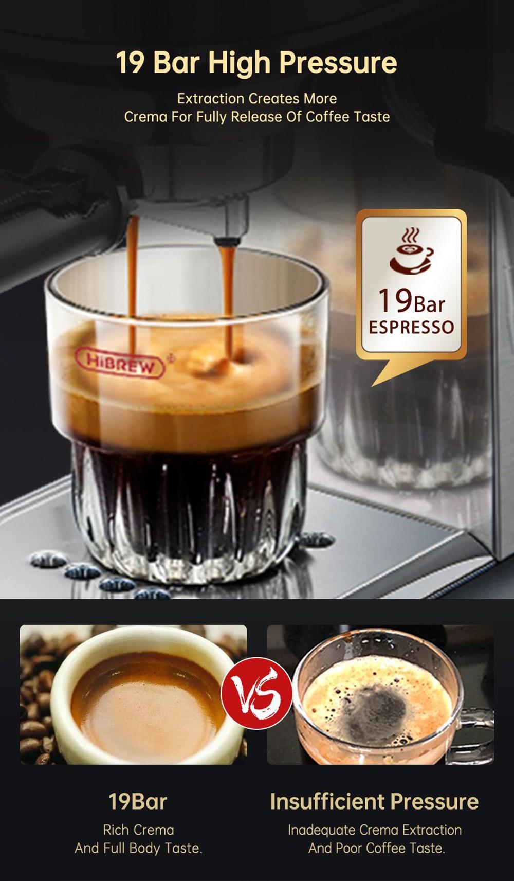 Cafetera HiBREW H11 de 1450 W, máquina de espresso semiautomática de 19 bares, depósito de agua de 1,1 L, uso dual de cápsulas ESE y café molido, agua caliente.