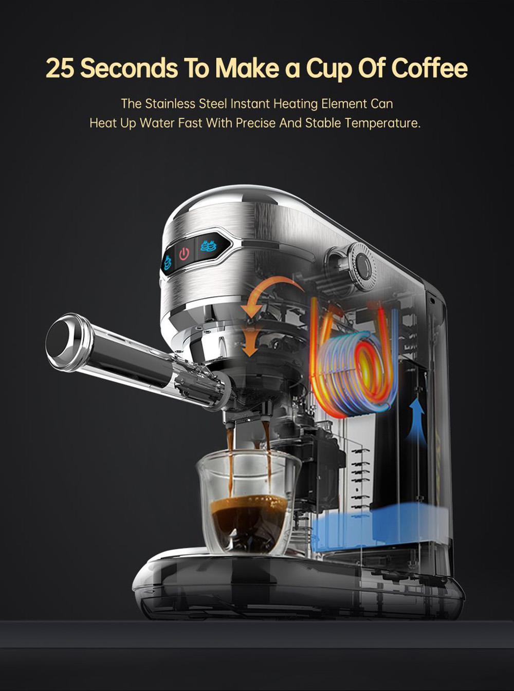 Cafetera HiBREW H11 de 1450 W, máquina de espresso semiautomática de 19 bares, depósito de agua de 1,1 L, uso dual de cápsulas ESE y café molido, agua caliente.