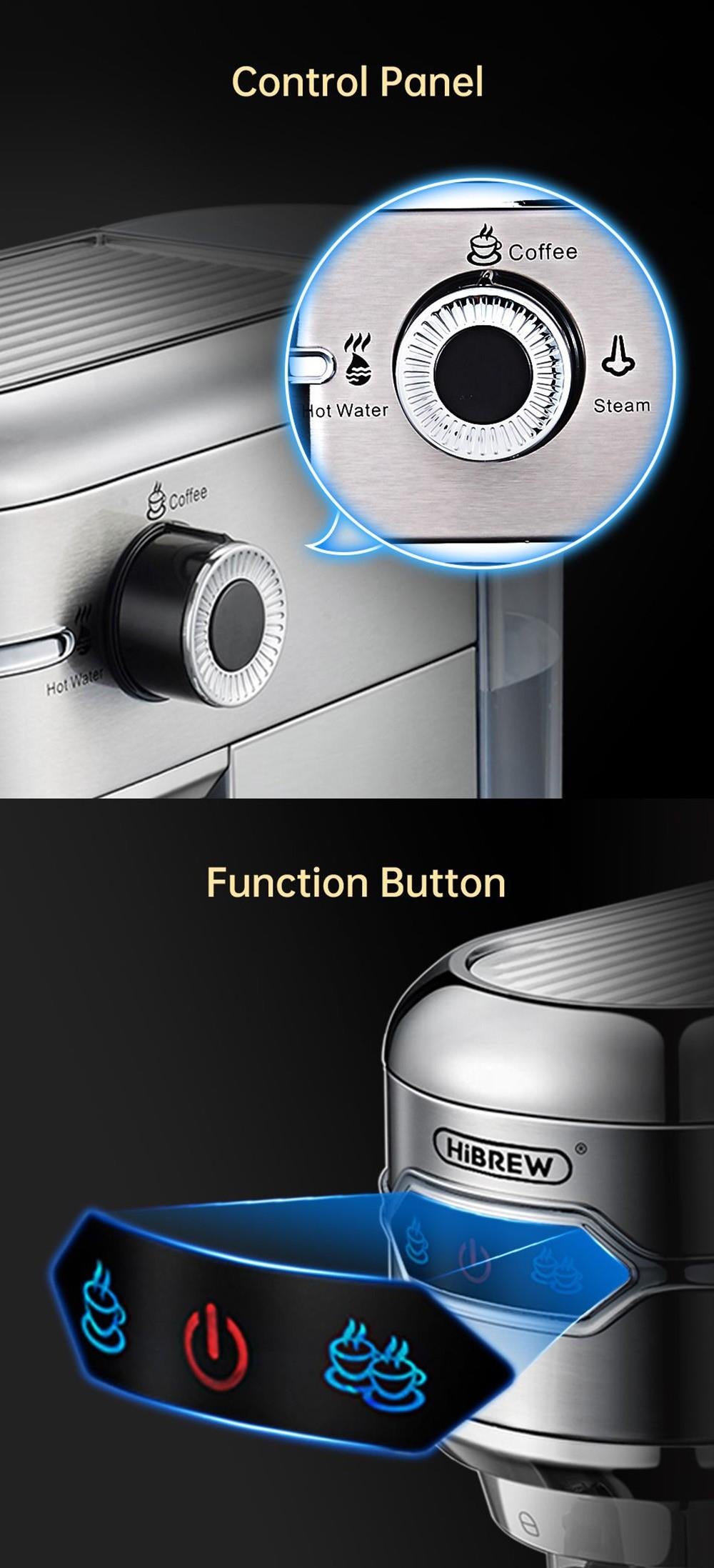 Cafetera HiBREW H11 de 1450 W, máquina de espresso semiautomática de 19 bares, depósito de agua de 1,1 L, uso dual de cápsulas ESE y café molido, agua caliente.