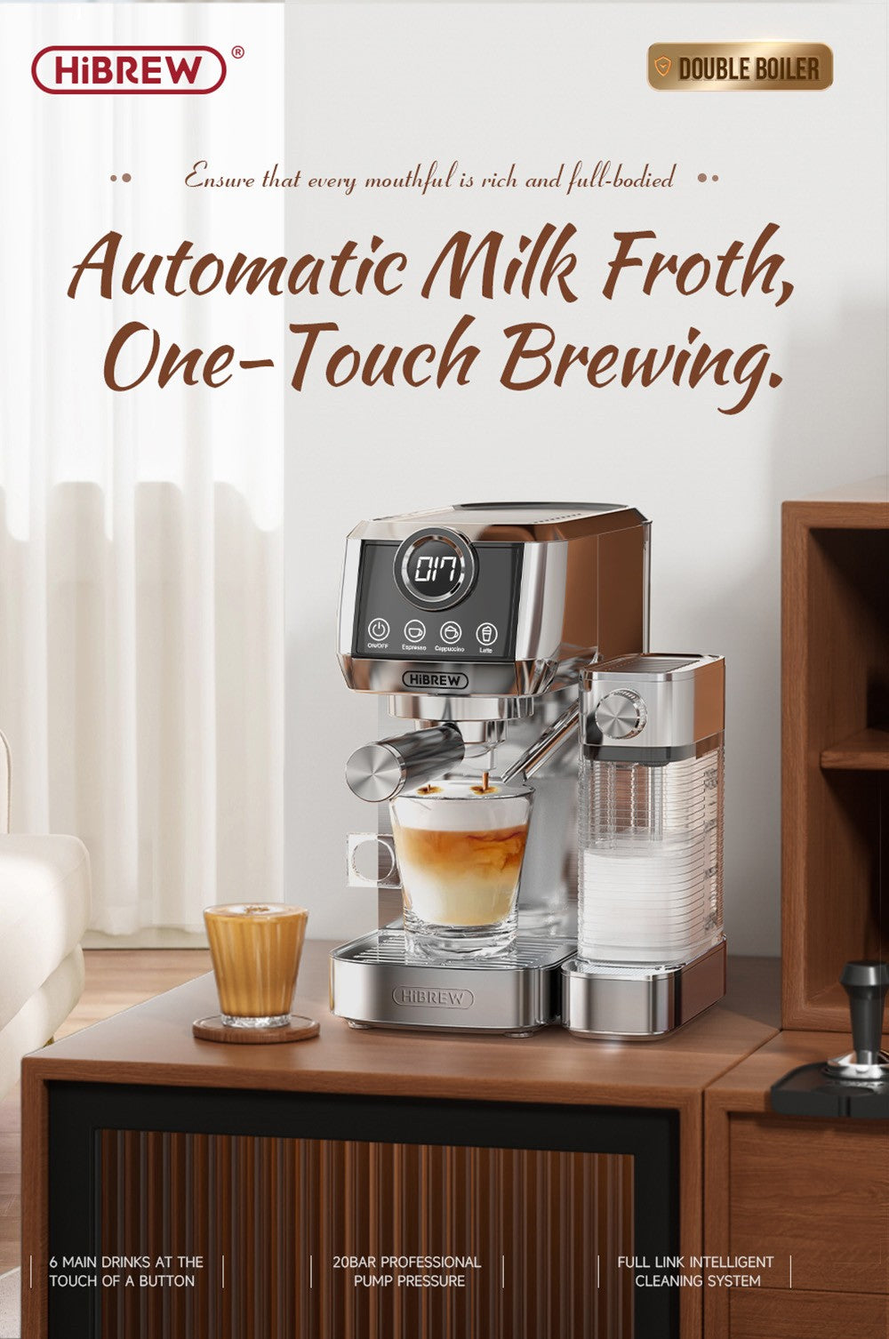 HiBREW H13A Cafetera Semiautomática 3 en 1, 6 Modos de Café, Presión de Extracción de 20 Bares, Tanque de Agua Extraíble de 1.3L, Mango de Aleación de Aluminio de 51mm, Sistema de Doble Caldera, 3 Niveles de Temperatura Ajustables