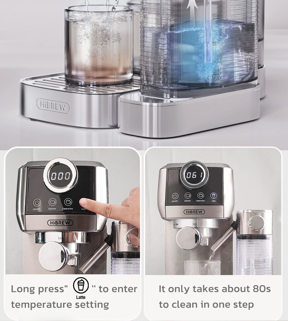 HiBREW H13A Cafetera Semiautomática 3 en 1, 6 Modos de Café, Presión de Extracción de 20 Bares, Tanque de Agua Extraíble de 1.3L, Mango de Aleación de Aluminio de 51mm, Sistema de Doble Caldera, 3 Niveles de Temperatura Ajustables