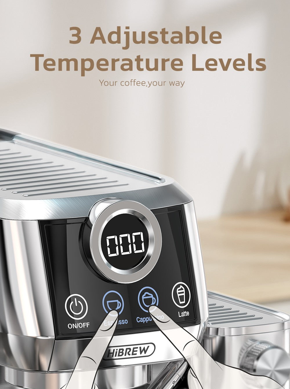 HiBREW H13A Cafetera Semiautomática 3 en 1, 6 Modos de Café, Presión de Extracción de 20 Bares, Tanque de Agua Extraíble de 1.3L, Mango de Aleación de Aluminio de 51mm, Sistema de Doble Caldera, 3 Niveles de Temperatura Ajustables