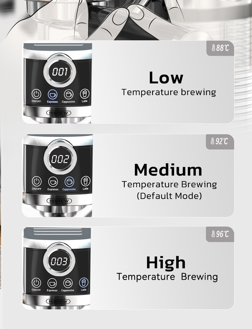 HiBREW H13A Cafetera Semiautomática 3 en 1, 6 Modos de Café, Presión de Extracción de 20 Bares, Tanque de Agua Extraíble de 1.3L, Mango de Aleación de Aluminio de 51mm, Sistema de Doble Caldera, 3 Niveles de Temperatura Ajustables