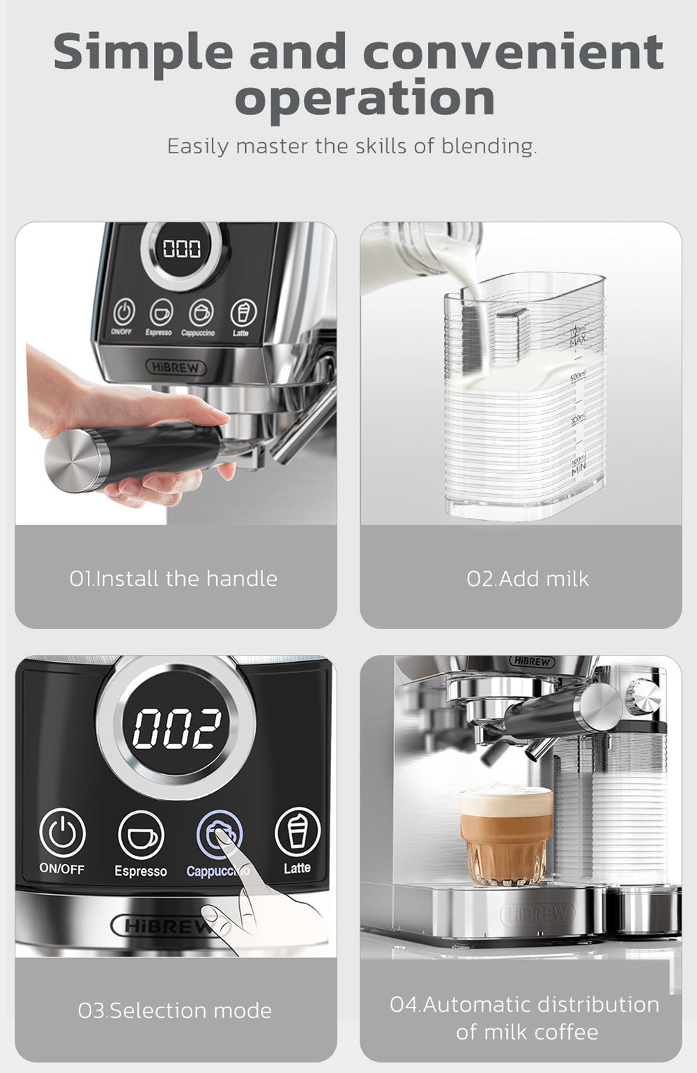 HiBREW H13A Cafetera Semiautomática 3 en 1, 6 Modos de Café, Presión de Extracción de 20 Bares, Tanque de Agua Extraíble de 1.3L, Mango de Aleación de Aluminio de 51mm, Sistema de Doble Caldera, 3 Niveles de Temperatura Ajustables