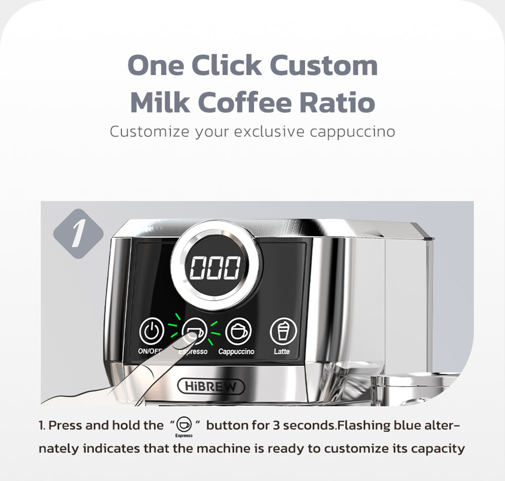 HiBREW H13A Cafetera Semiautomática 3 en 1, 6 Modos de Café, Presión de Extracción de 20 Bares, Tanque de Agua Extraíble de 1.3L, Mango de Aleación de Aluminio de 51mm, Sistema de Doble Caldera, 3 Niveles de Temperatura Ajustables