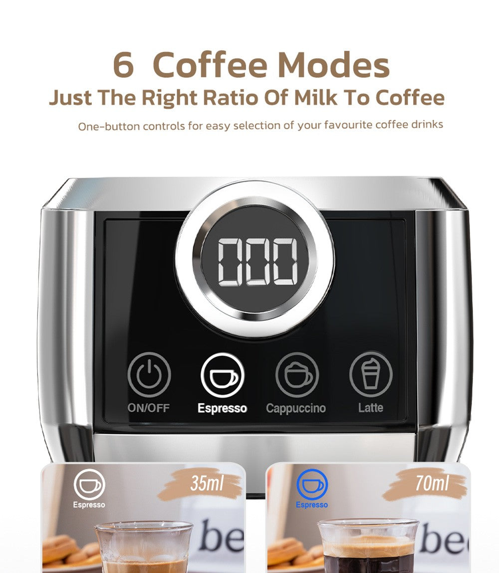 HiBREW H13A Cafetera Semiautomática 3 en 1, 6 Modos de Café, Presión de Extracción de 20 Bares, Tanque de Agua Extraíble de 1.3L, Mango de Aleación de Aluminio de 51mm, Sistema de Doble Caldera, 3 Niveles de Temperatura Ajustables