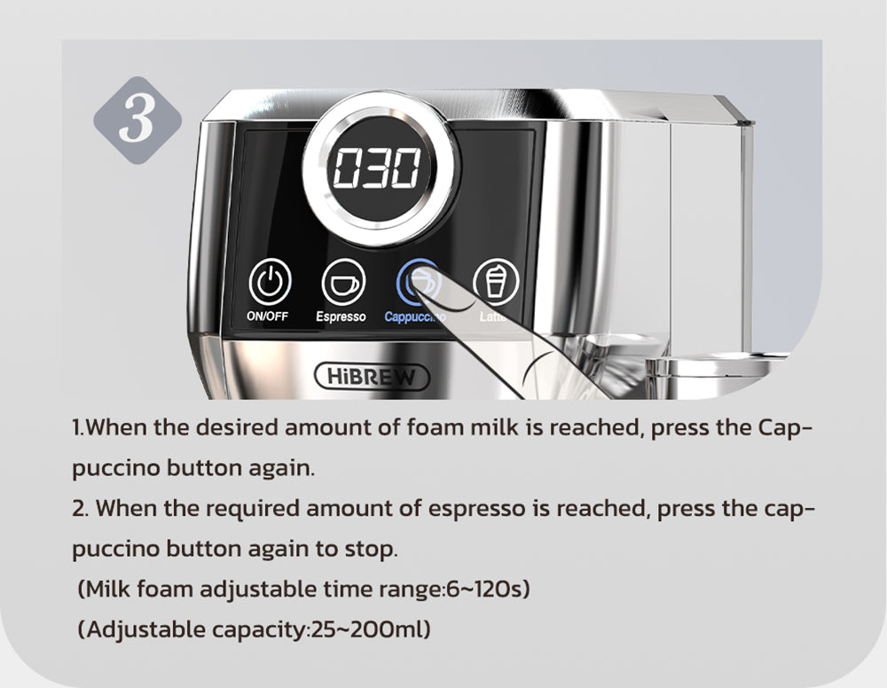HiBREW H13A Cafetera Semiautomática 3 en 1, 6 Modos de Café, Presión de Extracción de 20 Bares, Tanque de Agua Extraíble de 1.3L, Mango de Aleación de Aluminio de 51mm, Sistema de Doble Caldera, 3 Niveles de Temperatura Ajustables