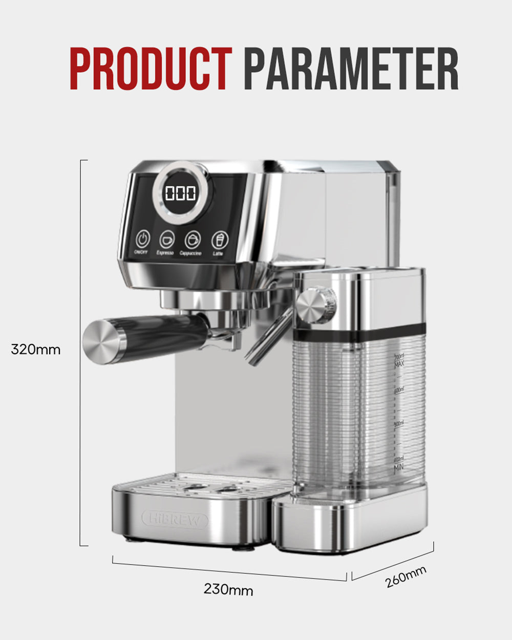 HiBREW H13A Cafetera Semiautomática 3 en 1, 6 Modos de Café, Presión de Extracción de 20 Bares, Tanque de Agua Extraíble de 1.3L, Mango de Aleación de Aluminio de 51mm, Sistema de Doble Caldera, 3 Niveles de Temperatura Ajustables