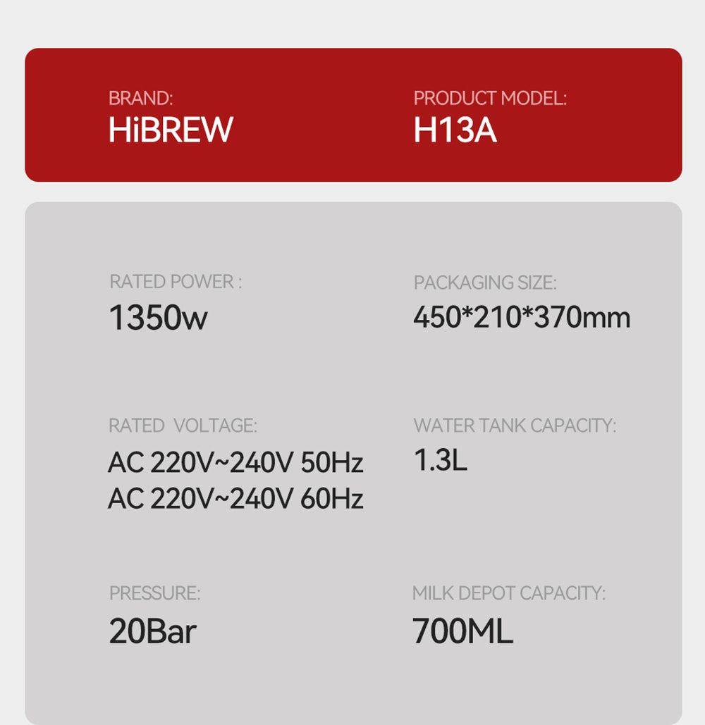 HiBREW H13A Cafetera Semiautomática 3 en 1, 6 Modos de Café, Presión de Extracción de 20 Bares, Tanque de Agua Extraíble de 1.3L, Mango de Aleación de Aluminio de 51mm, Sistema de Doble Caldera, 3 Niveles de Temperatura Ajustables