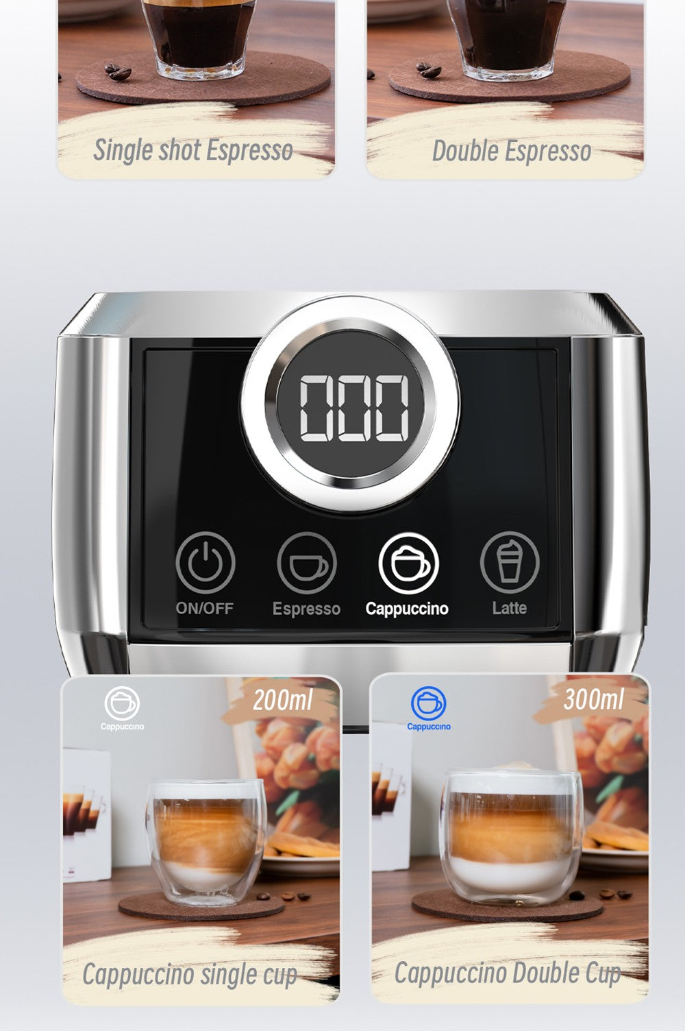 HiBREW H13A Cafetera Semiautomática 3 en 1, 6 Modos de Café, Presión de Extracción de 20 Bares, Tanque de Agua Extraíble de 1.3L, Mango de Aleación de Aluminio de 51mm, Sistema de Doble Caldera, 3 Niveles de Temperatura Ajustables