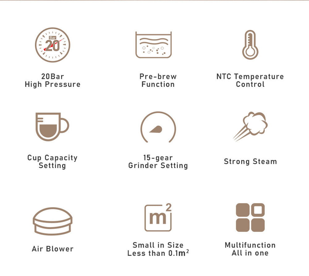 HiBREW H14 Espresso Coffee Machine, 20 Bar High Pressure, 15-gear Grinder Setting, Pre-brew Function, NTC Temperature Control, Cup Capacity Setting - Beige