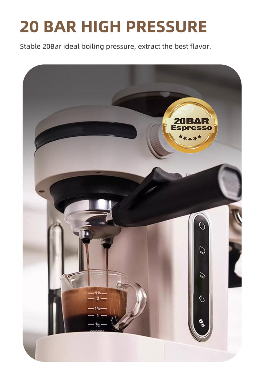 HiBREW H14 Espresso Coffee Machine, 20 Bar High Pressure, 15-gear Grinder Setting, Pre-brew Function, NTC Temperature Control, Cup Capacity Setting - Beige