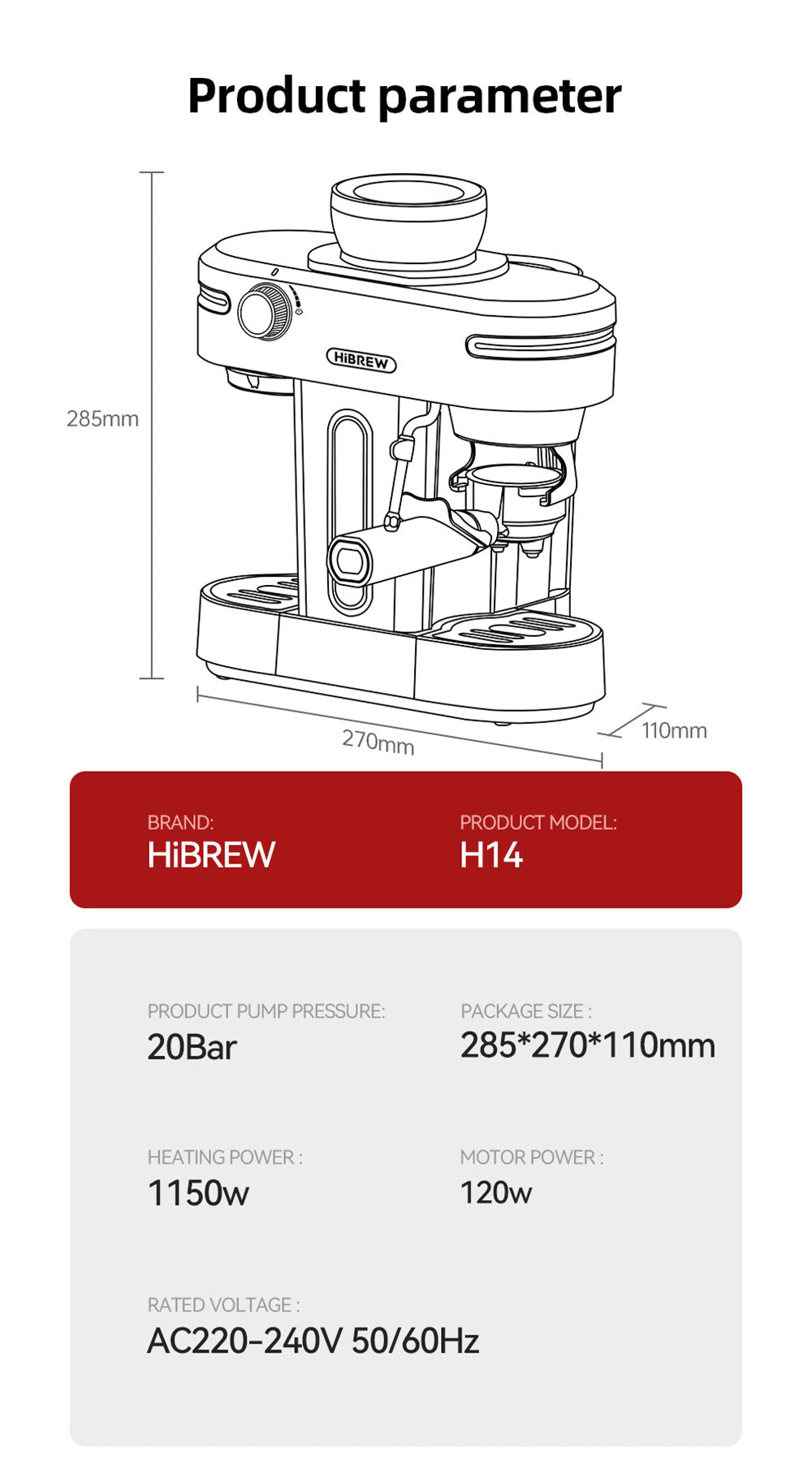 HiBREW H14 Espresso Coffee Machine, 20 Bar High Pressure, 15-gear Grinder Setting, Pre-brew Function, NTC Temperature Control, Cup Capacity Setting - Beige