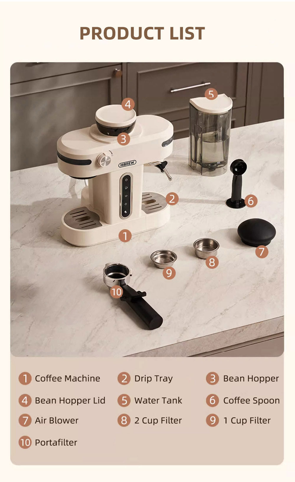 HiBREW H14 Espresso Coffee Machine, 20 Bar High Pressure, 15-gear Grinder Setting, Pre-brew Function, NTC Temperature Control, Cup Capacity Setting - Beige