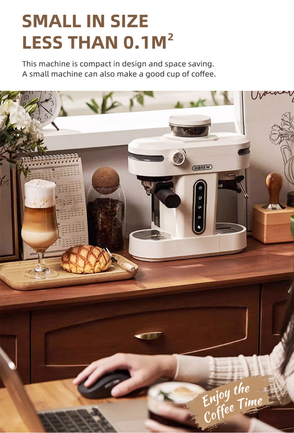 HiBREW H14 Espresso Coffee Machine, 20 Bar High Pressure, 15-gear Grinder Setting, Pre-brew Function, NTC Temperature Control, Cup Capacity Setting - Beige