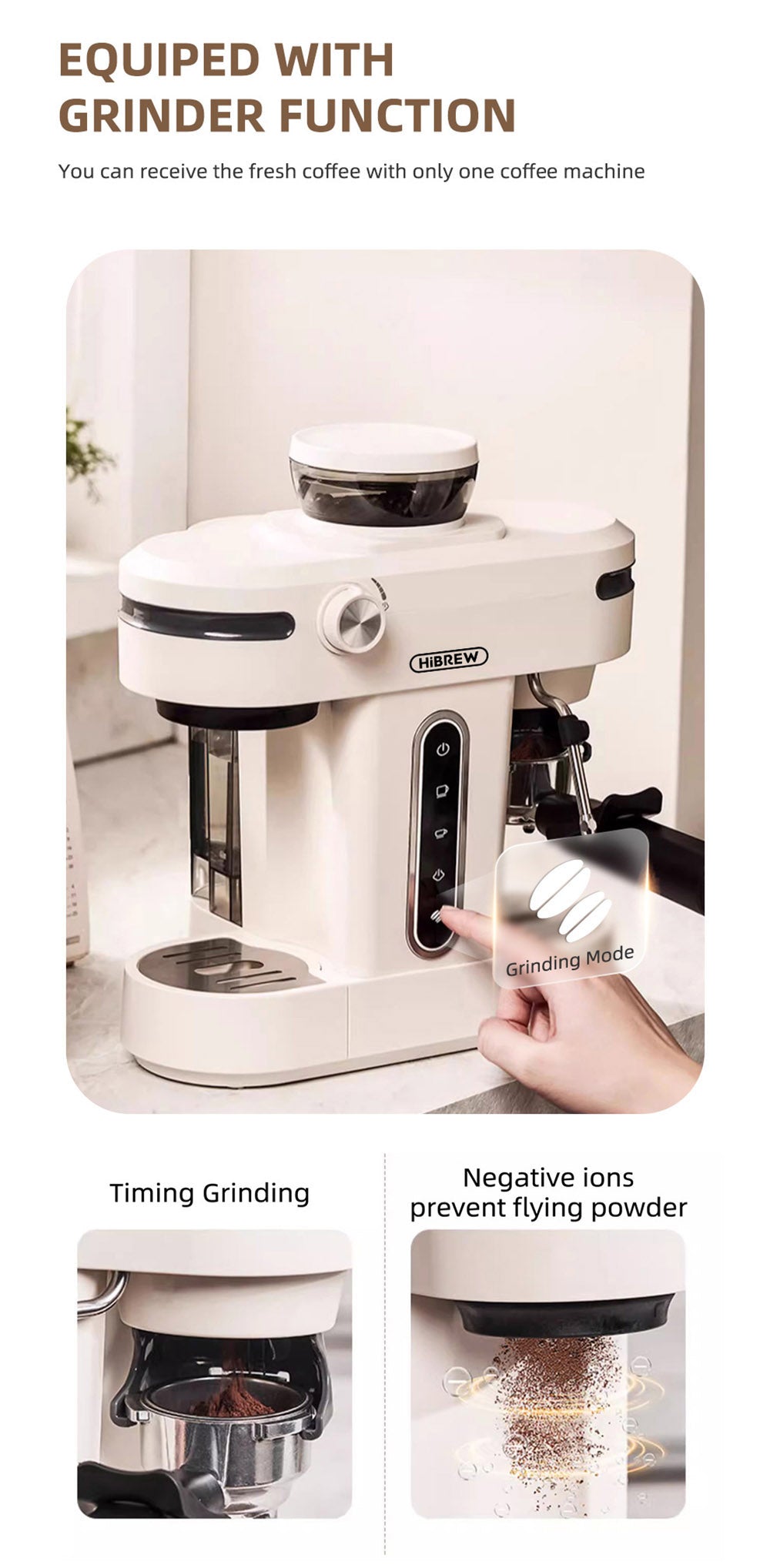 HiBREW H14 Espresso Coffee Machine, 20 Bar High Pressure, 15-gear Grinder Setting, Pre-brew Function, NTC Temperature Control, Cup Capacity Setting - Beige