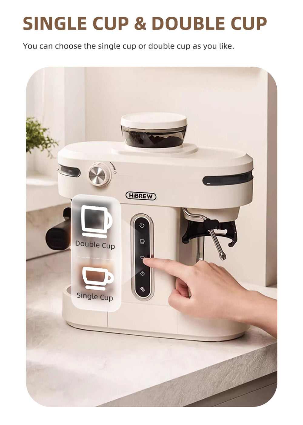 HiBREW H14 Espresso Coffee Machine, 20 Bar High Pressure, 15-gear Grinder Setting, Pre-brew Function, NTC Temperature Control, Cup Capacity Setting - Beige