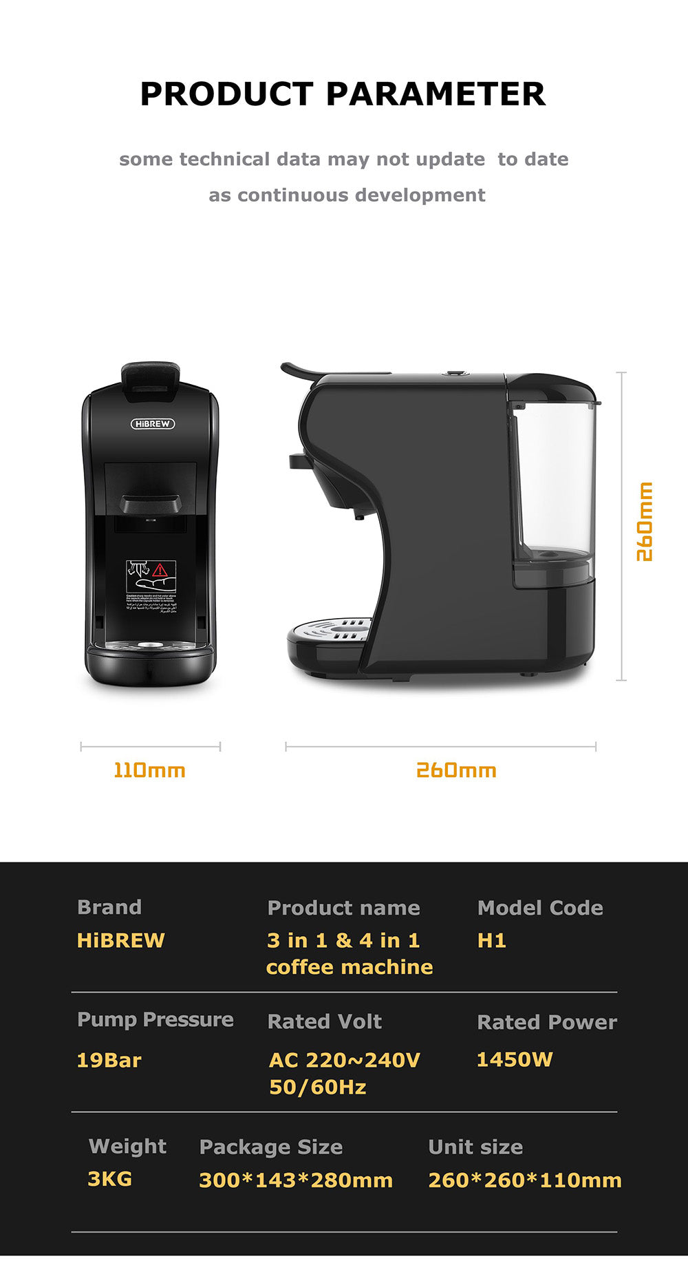 HiBREW H1A 1450W Espresso Coffee Machine, 19 Bar Extraction, Hot/Cold 4-in-1 Multiple Capsule Coffee Maker - Black