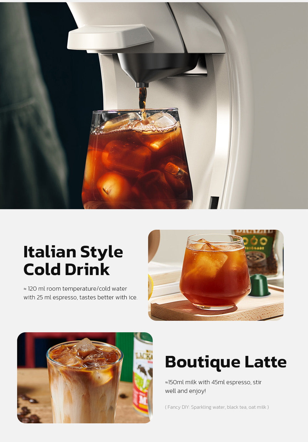 HiBREW H1B 5-in-1 Pods Coffee Maker, 600ml Water Tank, 19 Bar Pressure Extraction, Cold/Hot Mode, LED Indicator, for Kcup*/Nes*/DG*/Espresso Powder, Beige