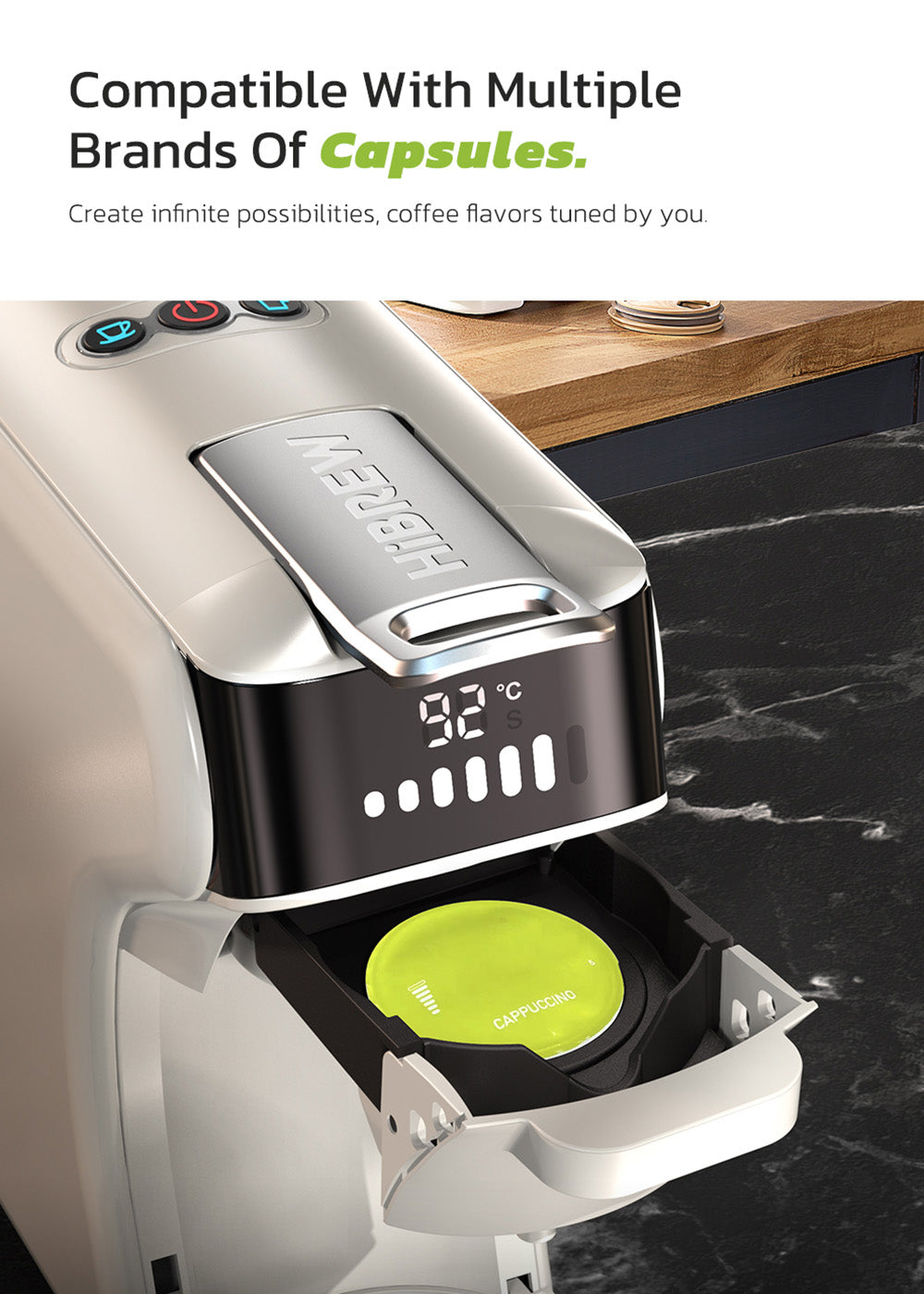 HiBREW H1B 5-in-1 Pods Coffee Maker, 600ml Water Tank, 19 Bar Pressure Extraction, Cold/Hot Mode, LED Indicator, for Kcup*/Nes*/DG*/Espresso Powder, Beige