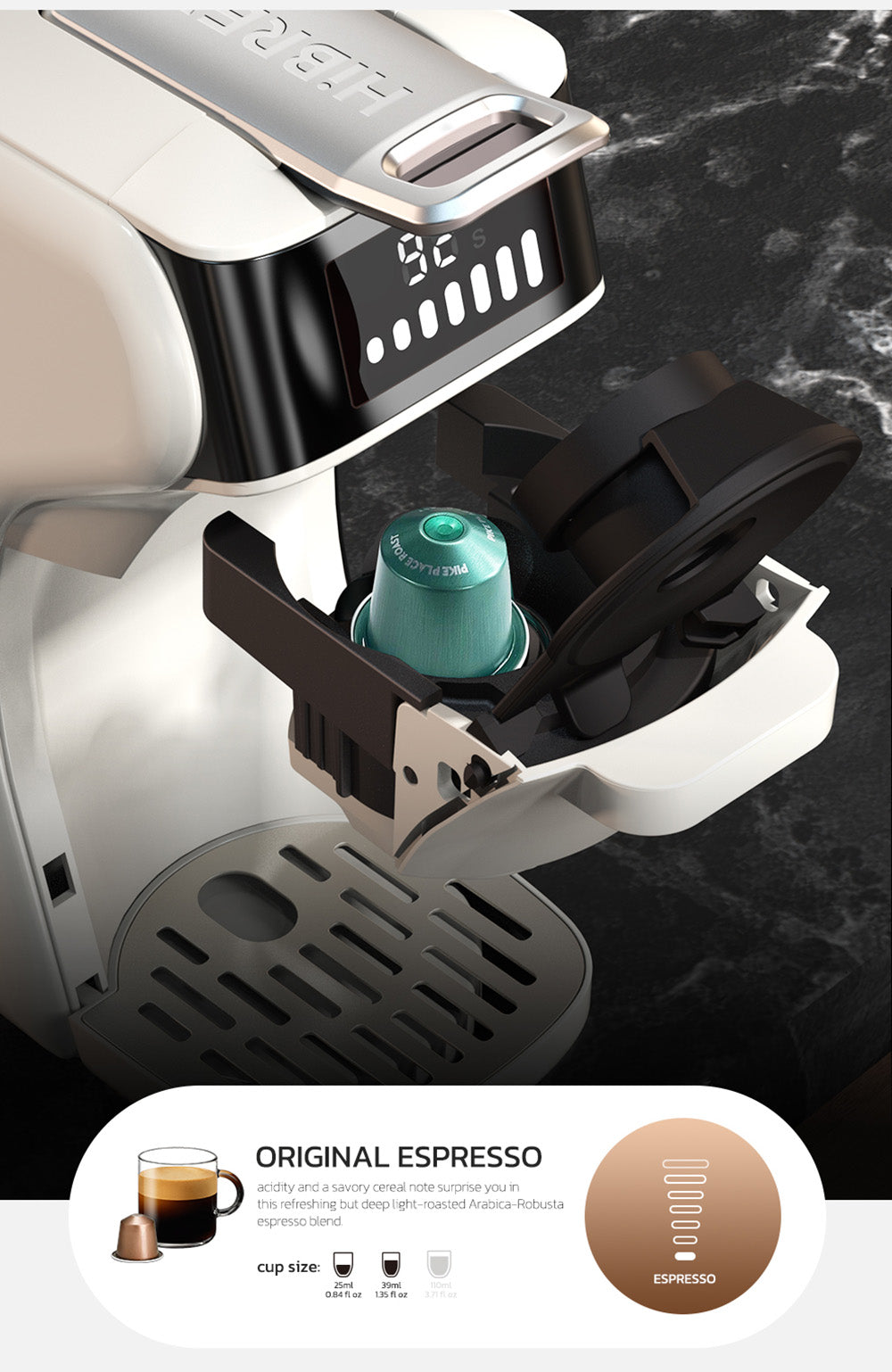 HiBREW H1B 5-in-1 Pods Coffee Maker, 600ml Water Tank, 19 Bar Pressure Extraction, Cold/Hot Mode, LED Indicator, for Kcup*/Nes*/DG*/Espresso Powder, Beige