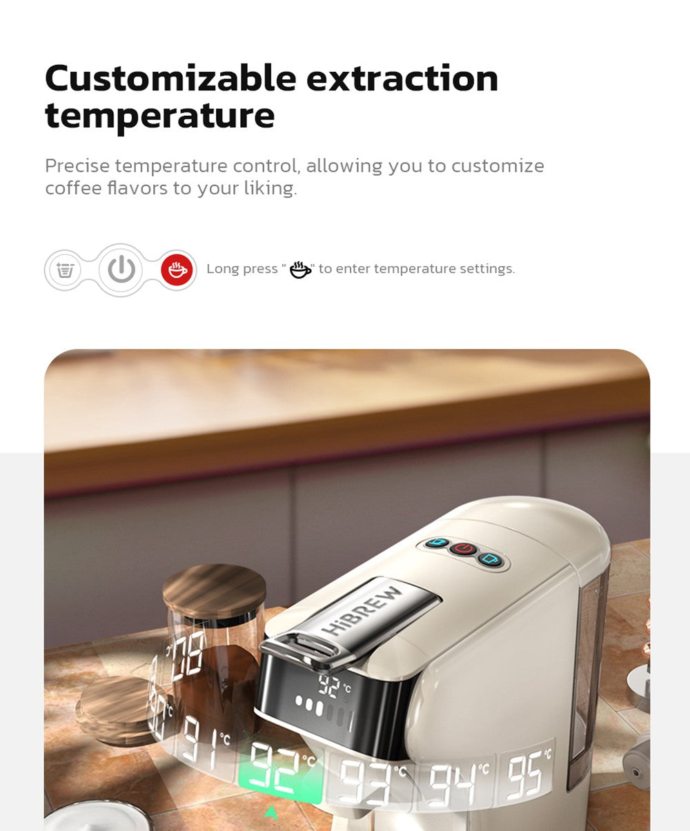 HiBREW H1B 5-in-1 Pods Coffee Maker, 600ml Water Tank, 19 Bar Pressure Extraction, Cold/Hot Mode, LED Indicator, for Kcup*/Nes*/DG*/Espresso Powder, Beige