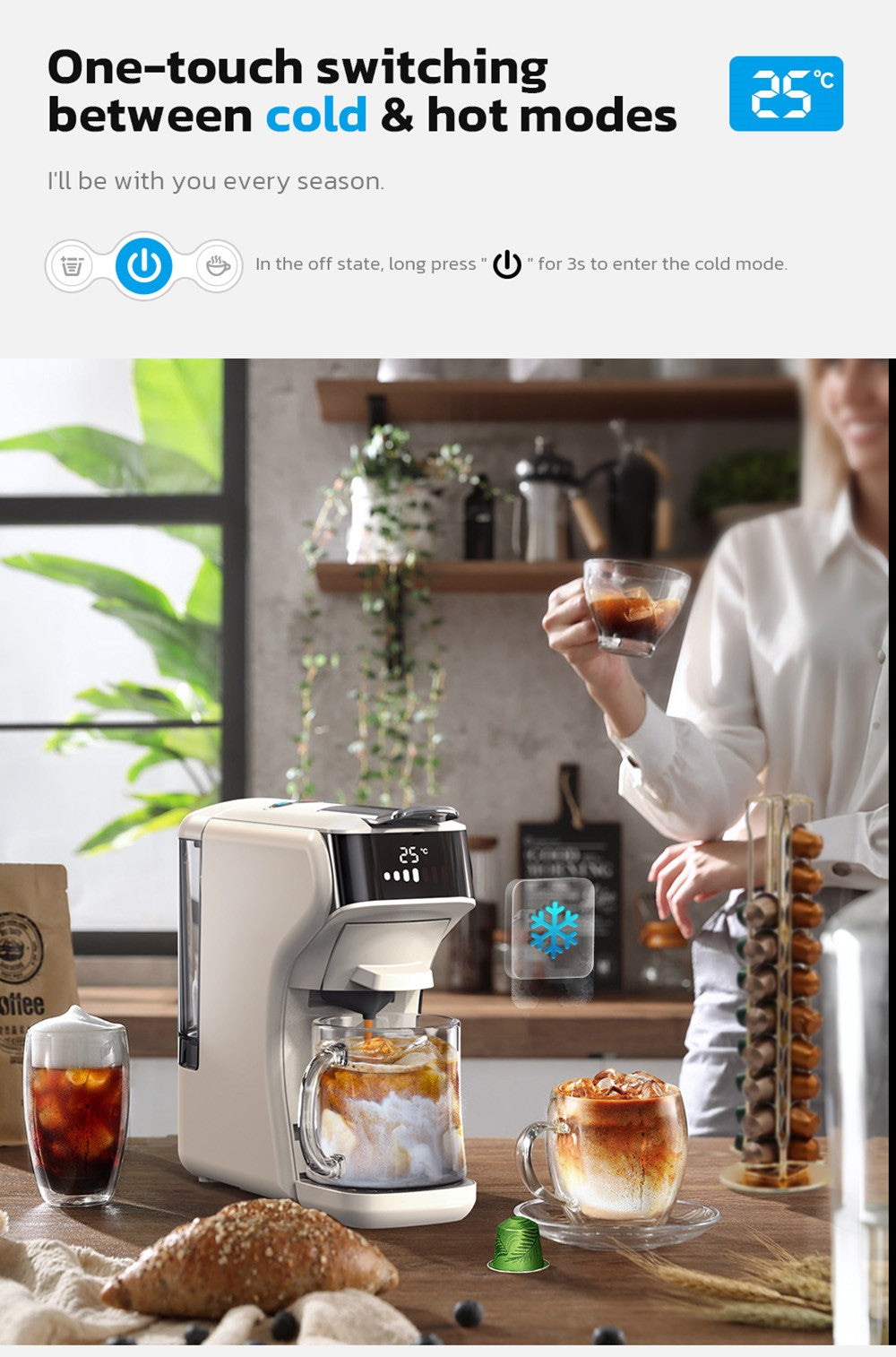 HiBREW H1B 5-in-1 Pods Coffee Maker, 600ml Water Tank, 19 Bar Pressure Extraction, Cold/Hot Mode, LED Indicator, for Kcup*/Nes*/DG*/Espresso Powder, Beige