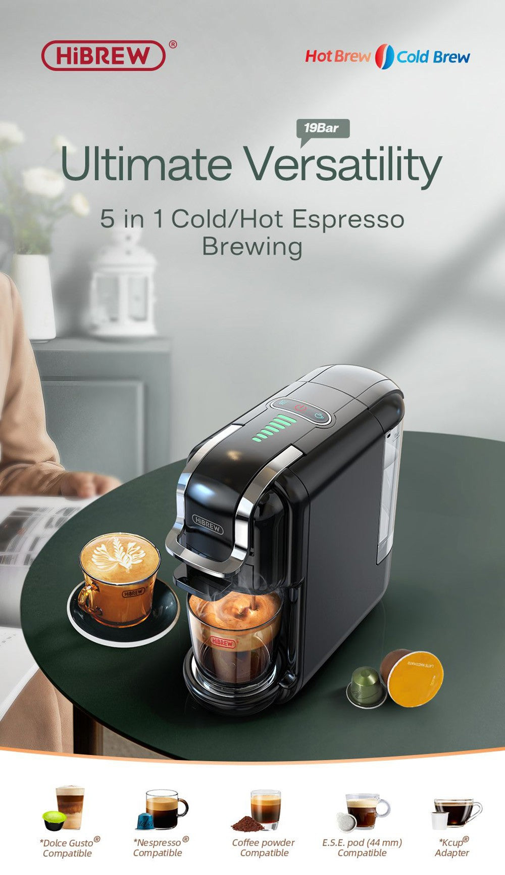 Cafetera HiBREW H2B 5 en 1 con indicador de nivel de agua, máquina de café de cápsulas fría/caliente de 19 bares y 1450 W, depósito de agua de 600 ml - Negro
