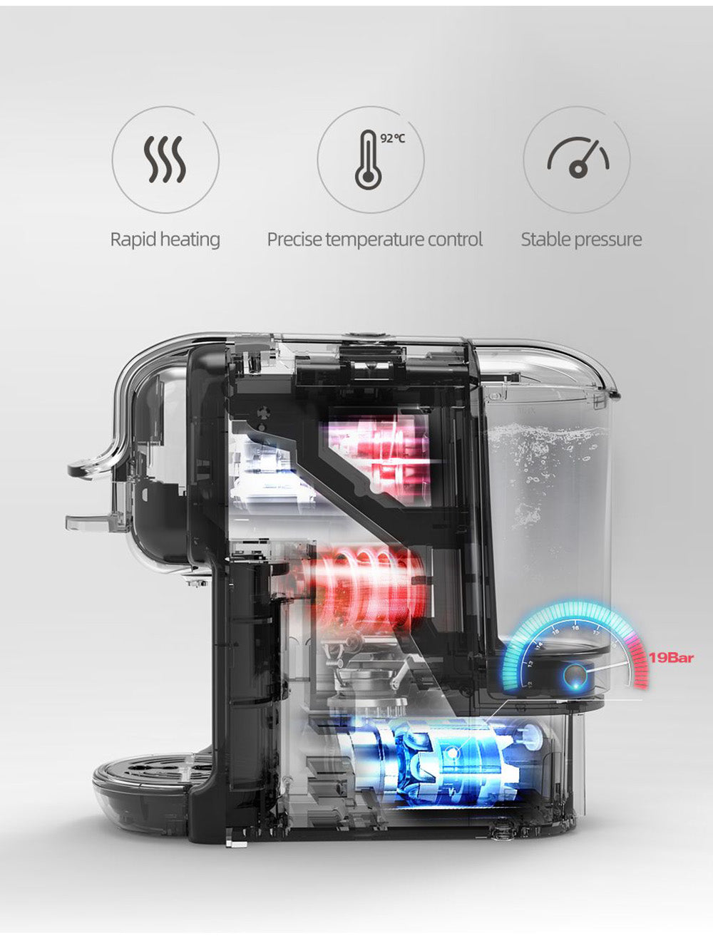 Cafetera HiBREW H2B 5 en 1 con indicador de nivel de agua, máquina de café de cápsulas fría/caliente de 19 bares y 1450 W, depósito de agua de 600 ml - Negro