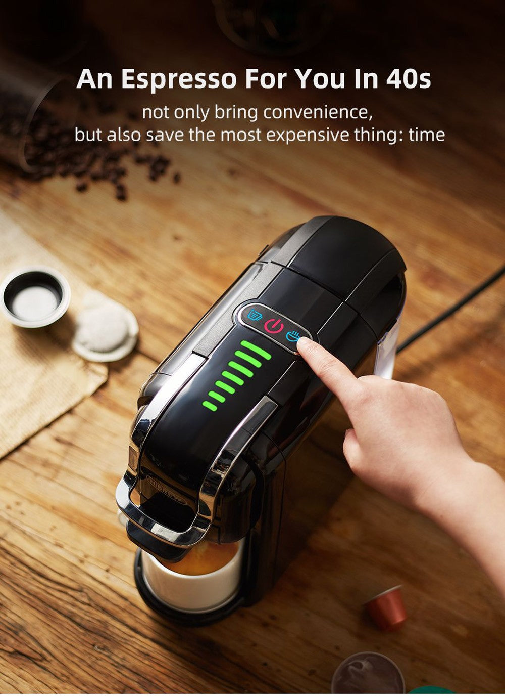 Cafetera HiBREW H2B 5 en 1 con indicador de nivel de agua, máquina de café de cápsulas fría/caliente de 19 bares y 1450 W, depósito de agua de 600 ml - Negro