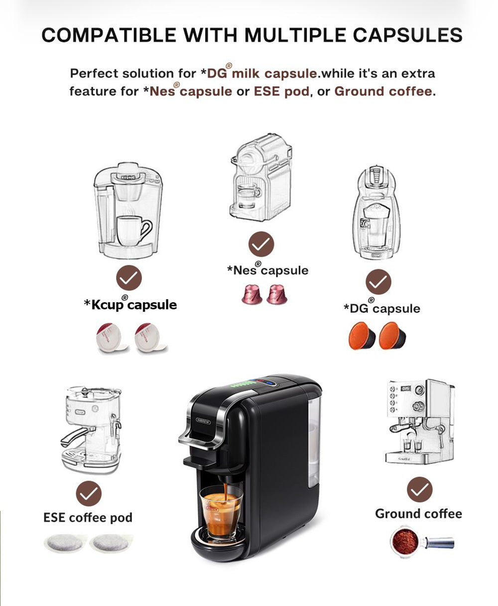Cafetera HiBREW H2B 5 en 1 con indicador de nivel de agua, máquina de café de cápsulas fría/caliente de 19 bares y 1450 W, depósito de agua de 600 ml - Negro