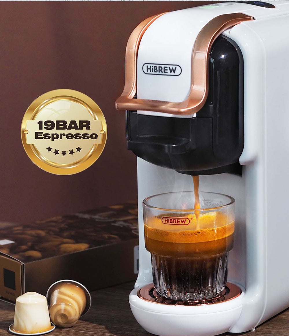 Cafetera HiBREW H2B 5 en 1 con indicador de nivel de agua, máquina de café de cápsulas fría/caliente de 19 bares y 1450 W, depósito de agua de 600 ml - Negro