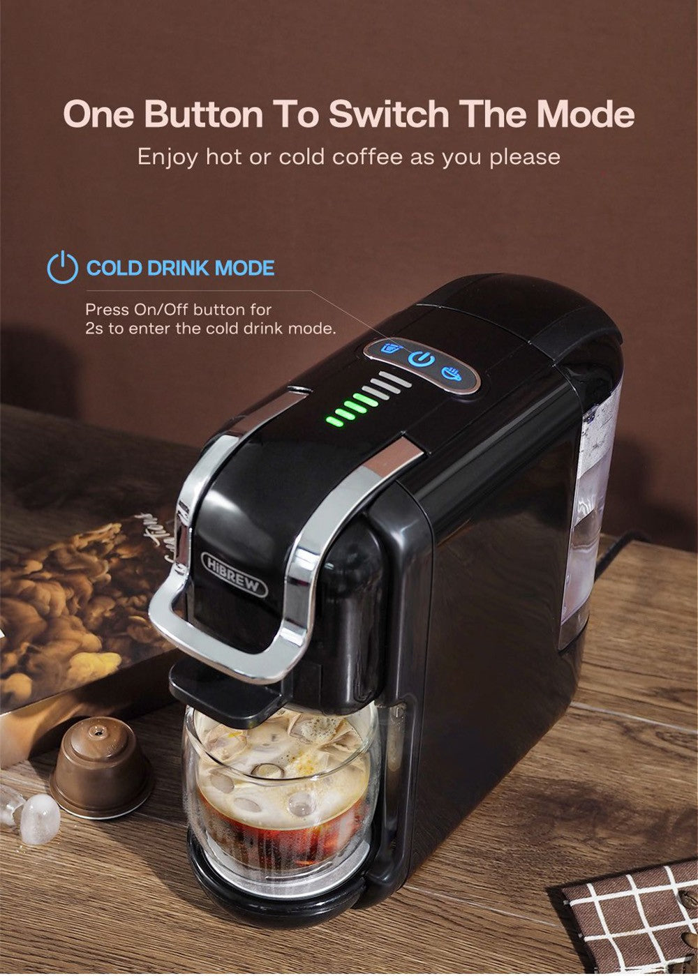Cafetera HiBREW H2B 5 en 1 con indicador de nivel de agua, máquina de café de cápsulas fría/caliente de 19 bares y 1450 W, depósito de agua de 600 ml - Negro