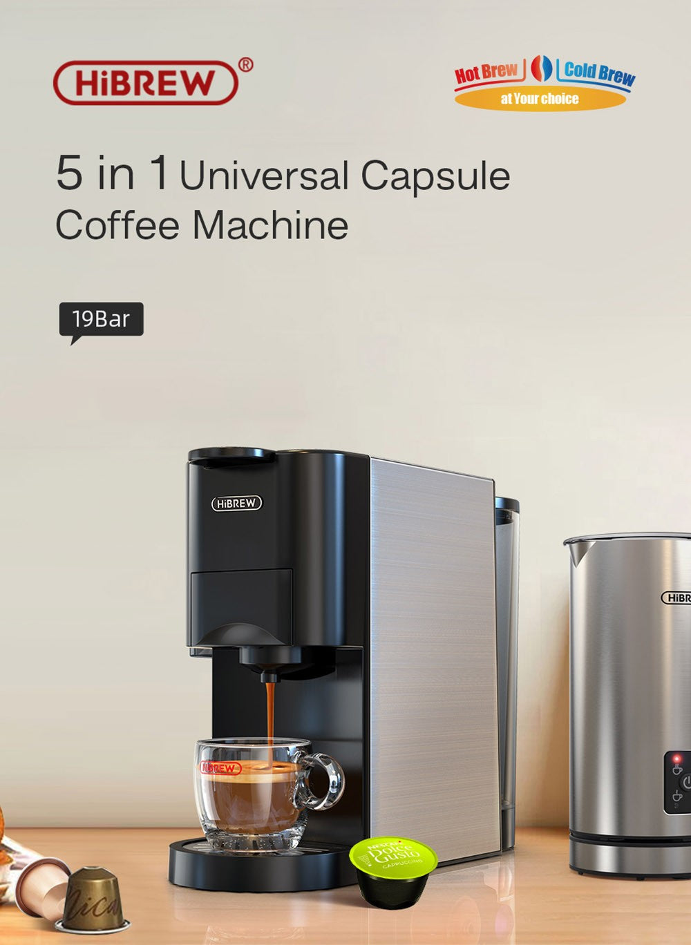 HiBREW H3A 5 in 1 Coffee Machine, 19 Bar Pressure, Cold/Hot Mode, 1000ml Water Tank, Anti-dry Protection - Silver