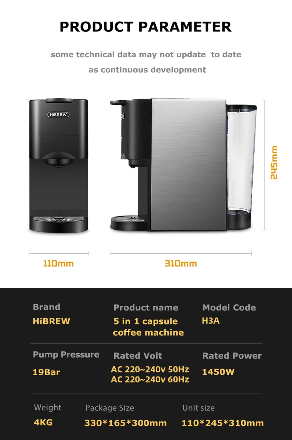 HiBREW H3A 5 in 1 Coffee Machine, 19 Bar Pressure, Cold/Hot Mode, 1000ml Water Tank, Anti-dry Protection - Silver
