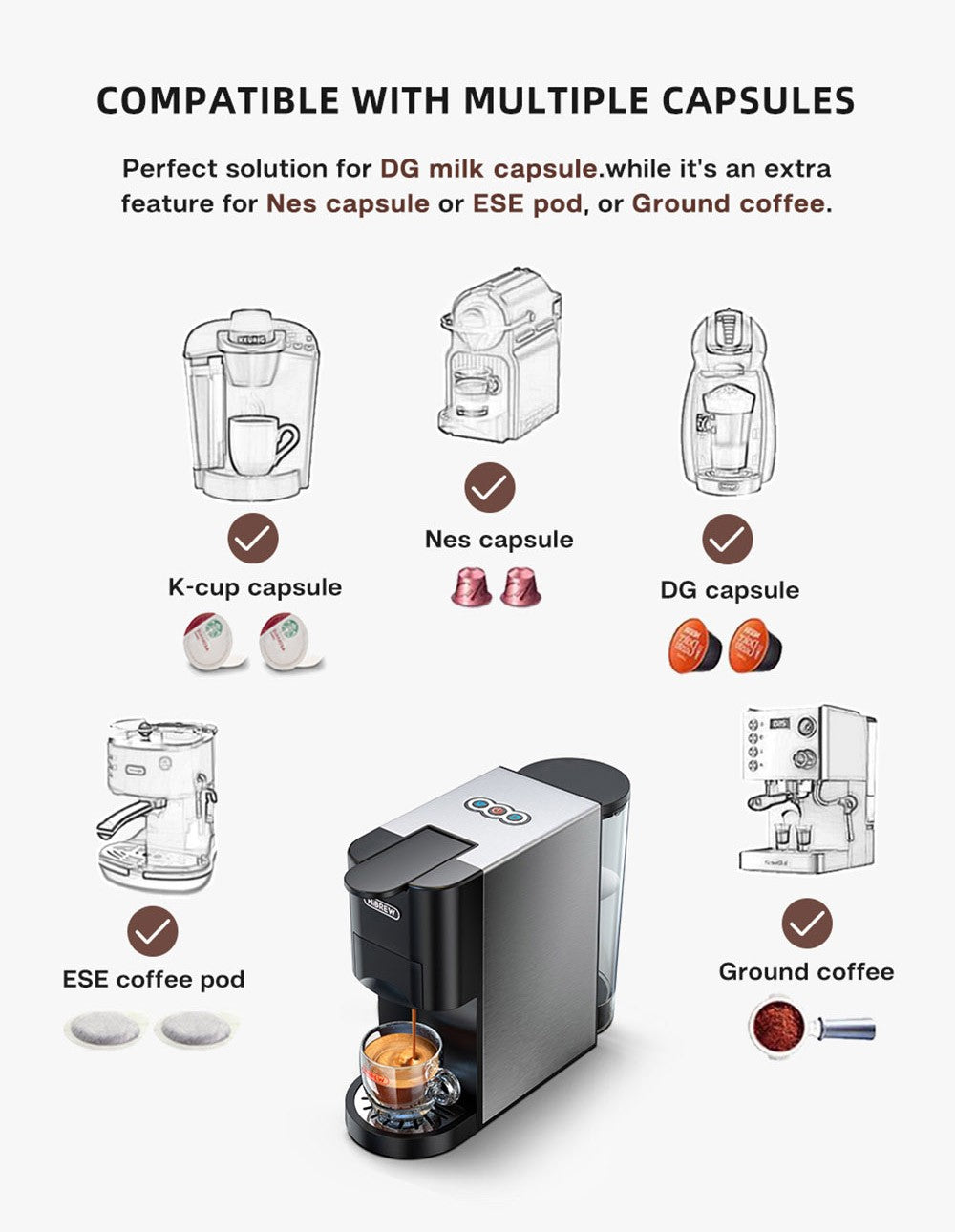 HiBREW H3A 5 in 1 Coffee Machine, 19 Bar Pressure, Cold/Hot Mode, 1000ml Water Tank, Anti-dry Protection - Silver