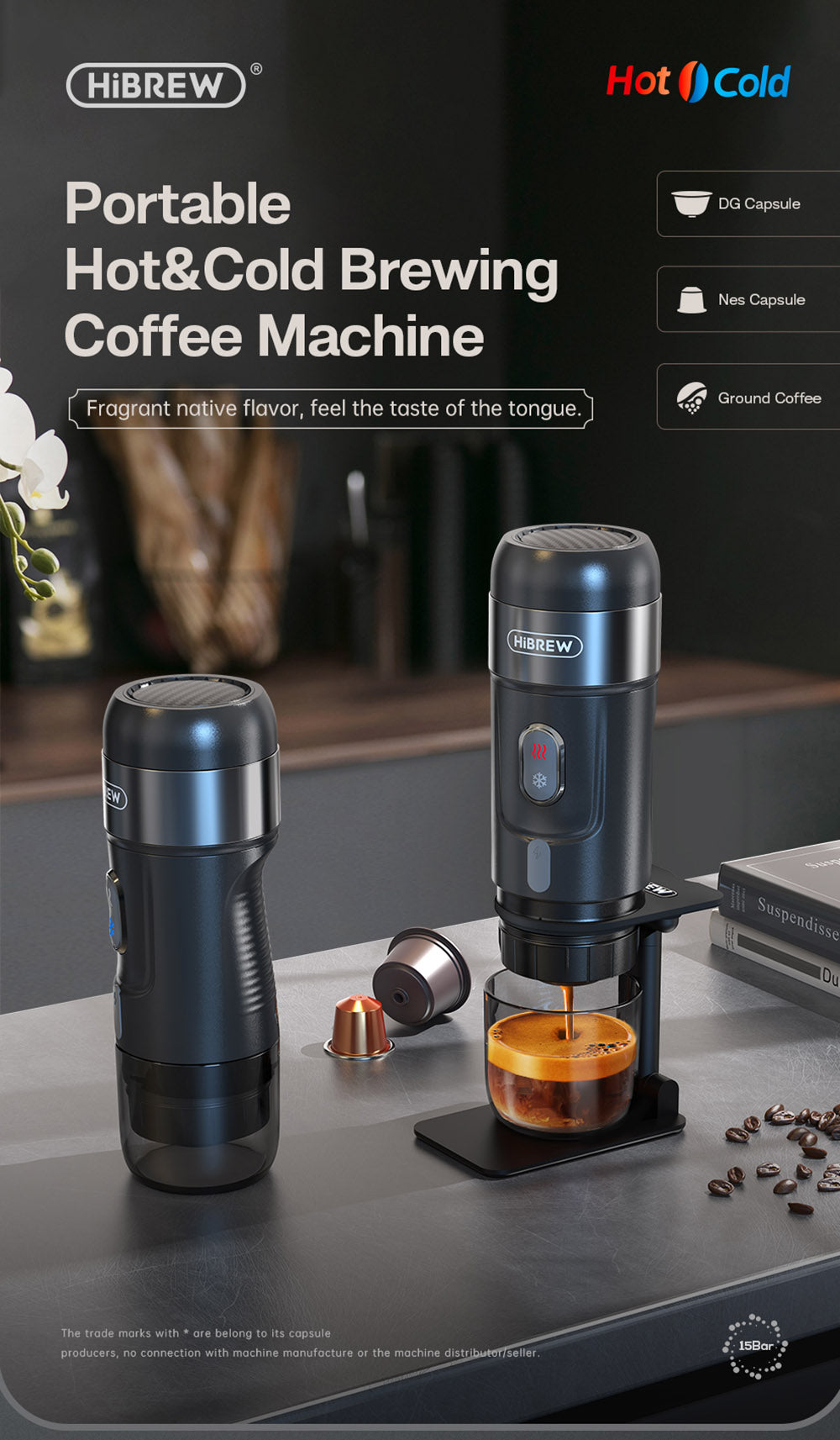 HiBREW H4A Cafetera Portátil para Coche de 80W con Caja de Regalo, Extracción a 15 Bar, DC 12V, Cafetera Multicápsulas 3 en 1 Frío/Calor