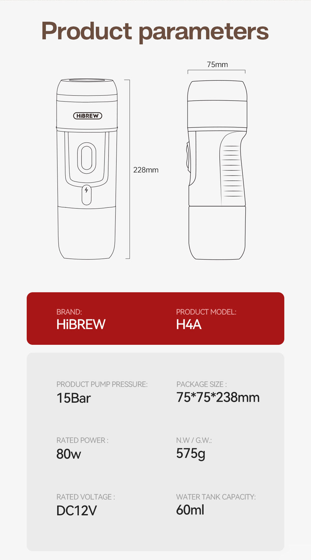 HiBREW H4A Cafetera Portátil para Coche de 80W con Caja de Regalo, Extracción a 15 Bar, DC 12V, Cafetera Multicápsulas 3 en 1 Frío/Calor