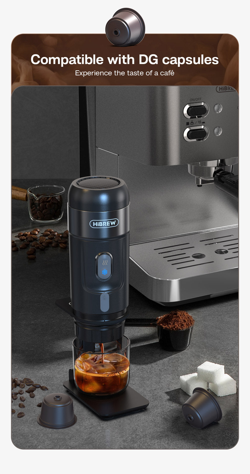 HiBREW H4A Cafetera Portátil para Coche de 80W con Caja de Regalo, Extracción a 15 Bar, DC 12V, Cafetera Multicápsulas 3 en 1 Frío/Calor