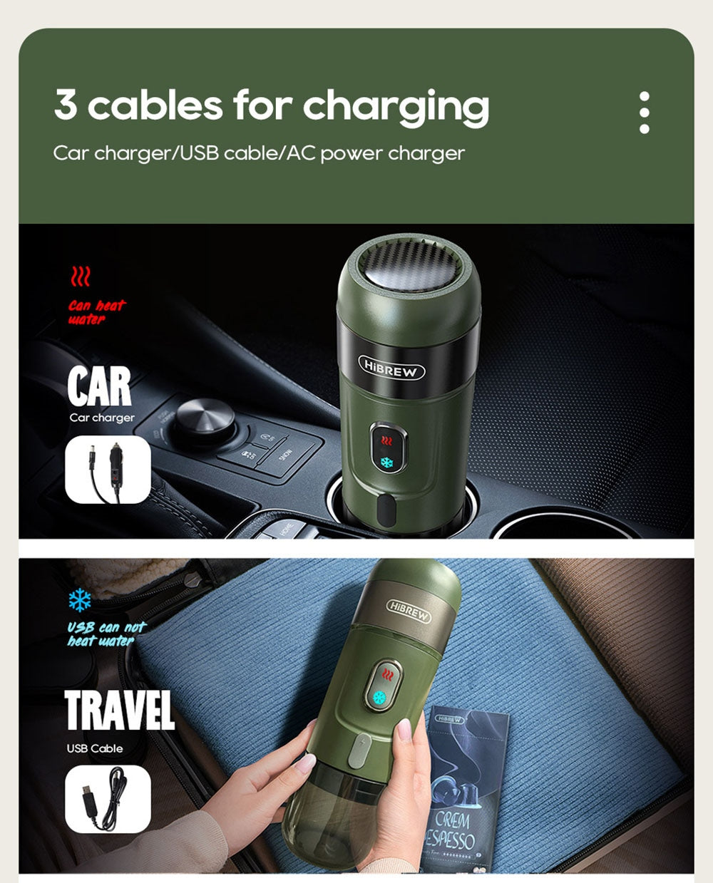 HiBREW H4B Cafetera Espresso Portátil Inalámbrica 3 en 1, Presión de 15 Bares, Batería Recargable de 2200mAh, con Adaptador, Bolsa de Almacenamiento y Soporte.