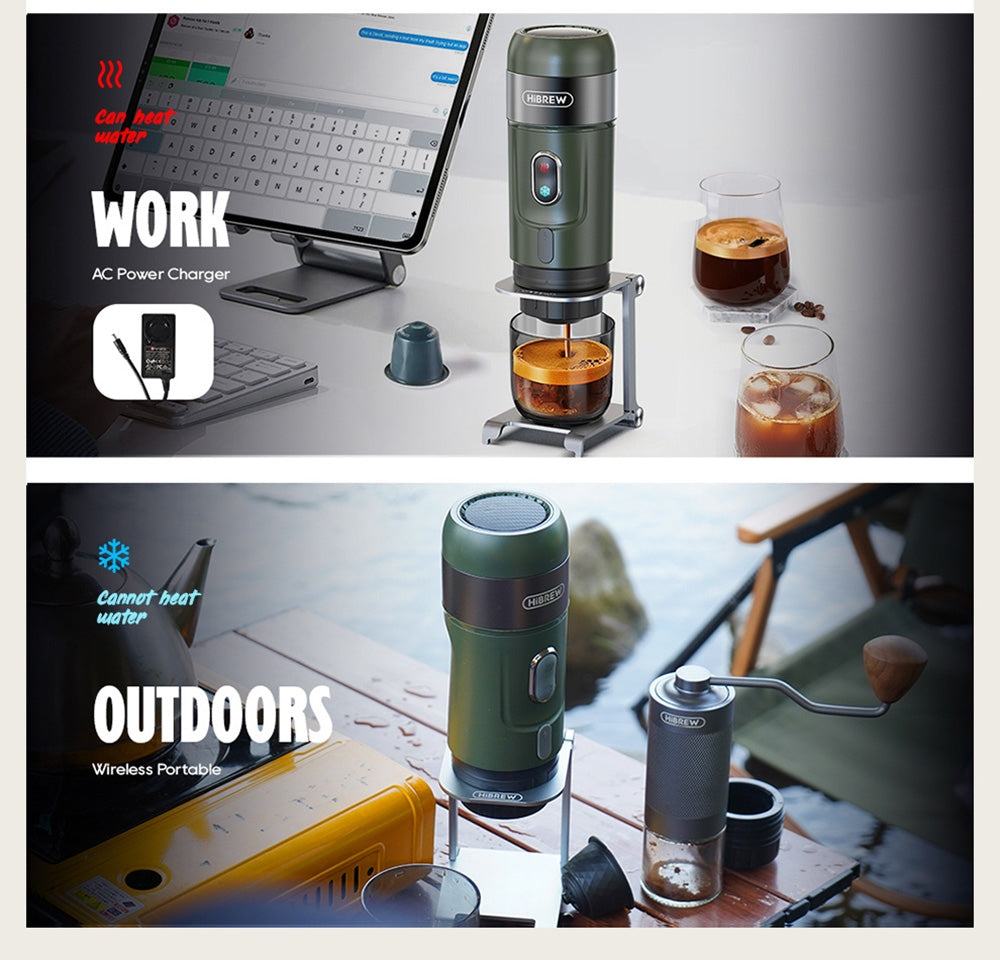 HiBREW H4B Cafetera Espresso Portátil Inalámbrica 3 en 1, Presión de 15 Bares, Batería Recargable de 2200mAh, con Adaptador, Bolsa de Almacenamiento y Soporte.