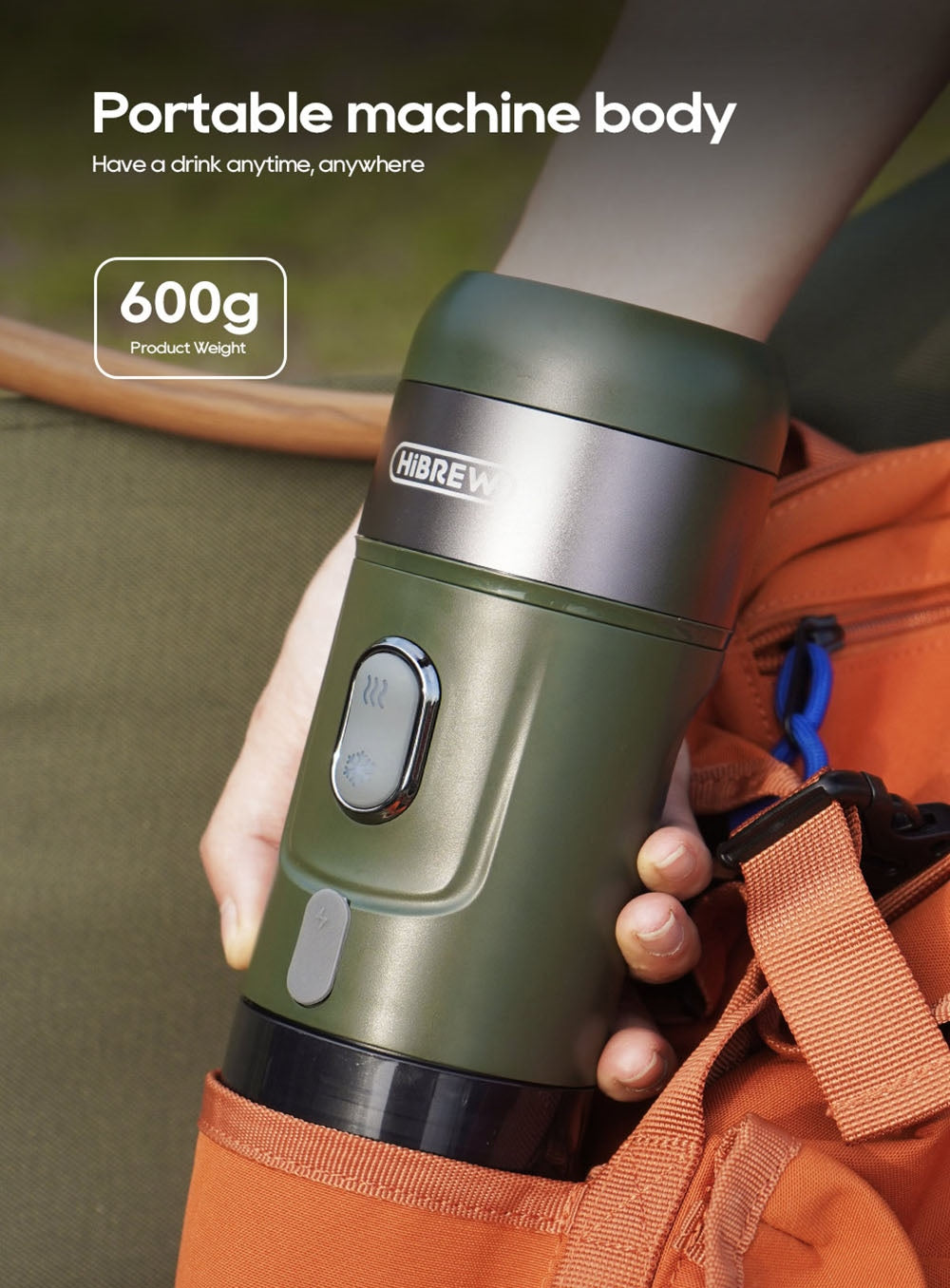 HiBREW H4B Cafetera Espresso Portátil Inalámbrica 3 en 1, Presión de 15 Bares, Batería Recargable de 2200mAh, con Adaptador, Bolsa de Almacenamiento y Soporte.