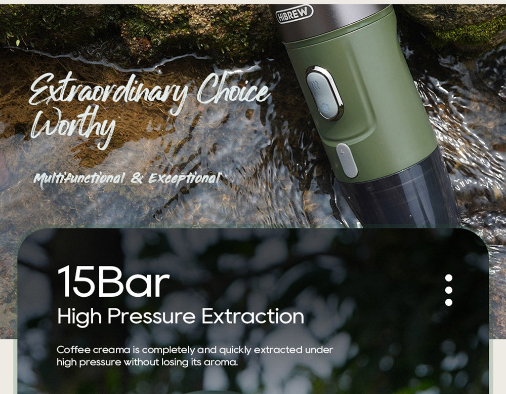 HiBREW H4B Cafetera Espresso Portátil Inalámbrica 3 en 1, Presión de 15 Bares, Batería Recargable de 2200mAh, con Adaptador, Bolsa de Almacenamiento y Soporte.