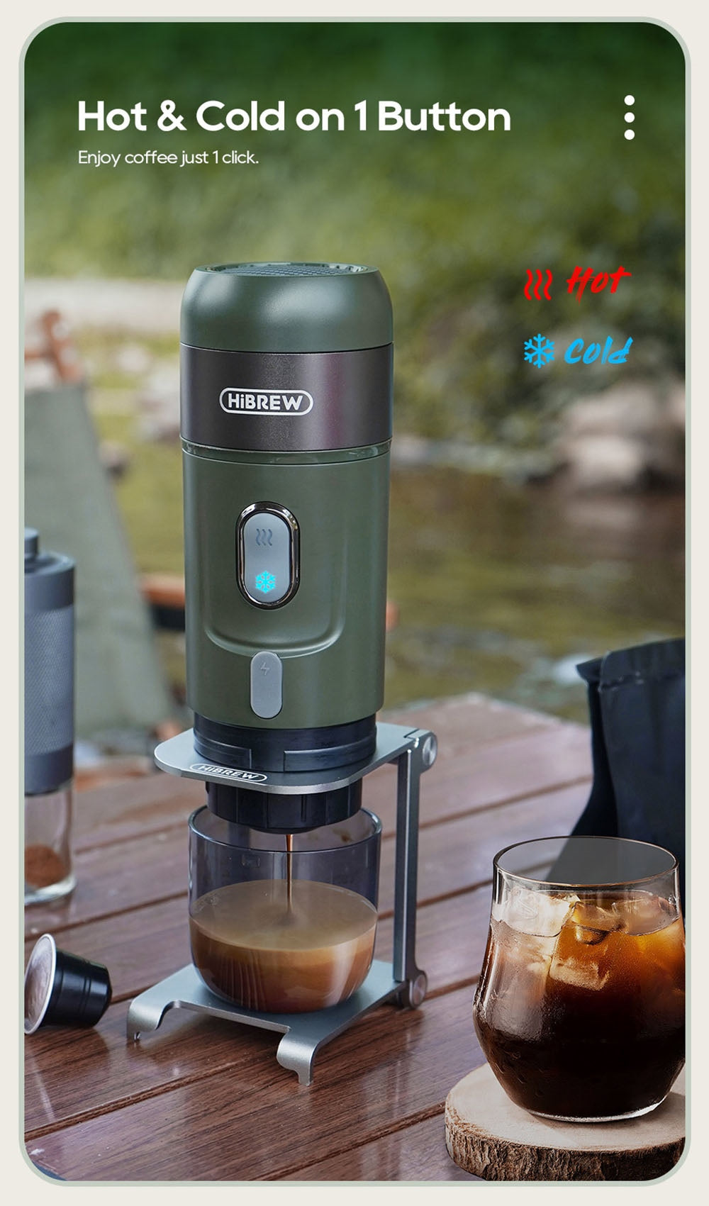 HiBREW H4B Cafetera Espresso Portátil Inalámbrica 3 en 1, Presión de 15 Bares, Batería Recargable de 2200mAh, con Adaptador, Bolsa de Almacenamiento y Soporte.