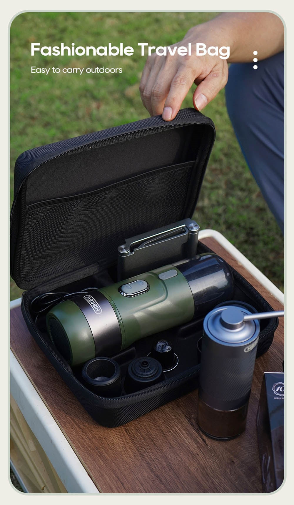 HiBREW H4B Cafetera Espresso Portátil Inalámbrica 3 en 1, Presión de 15 Bares, Batería Recargable de 2200mAh, con Adaptador, Bolsa de Almacenamiento y Soporte.