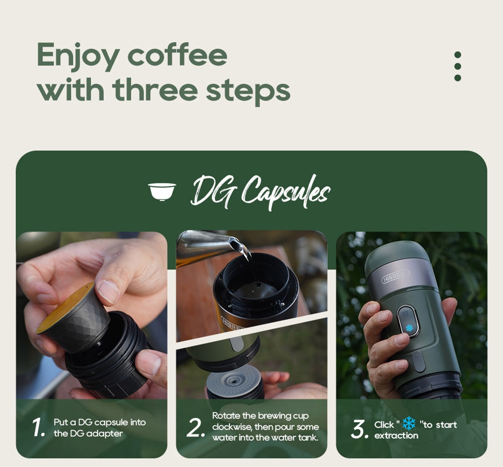 HiBREW H4B Cafetera Espresso Portátil Inalámbrica 3 en 1, Presión de 15 Bares, Batería Recargable de 2200mAh, con Adaptador, Bolsa de Almacenamiento y Soporte.