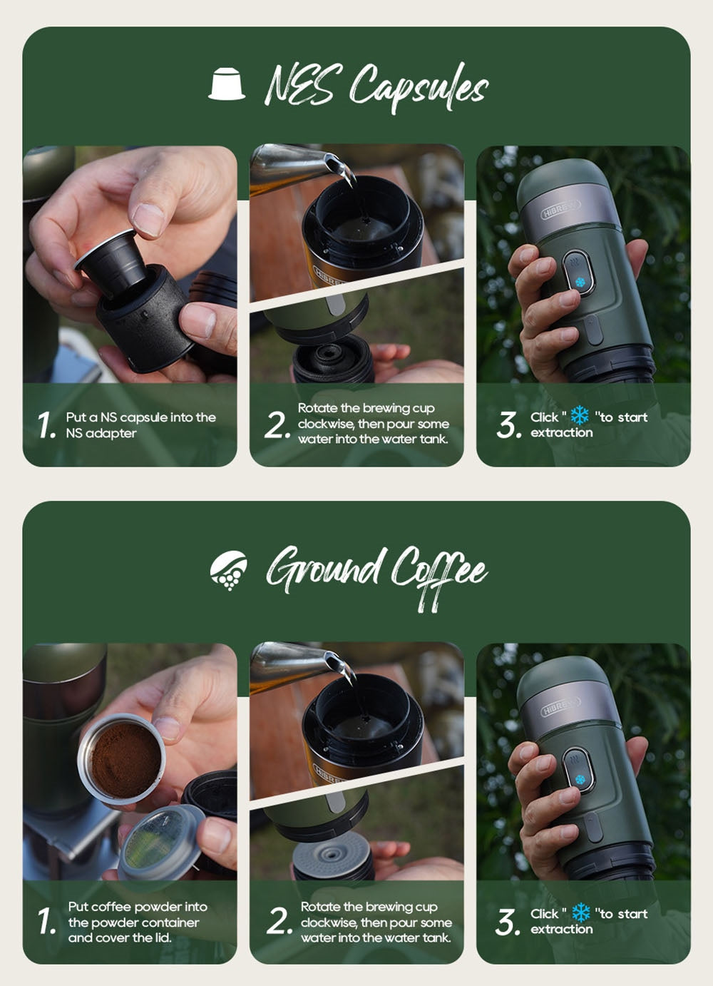 HiBREW H4B Cafetera Espresso Portátil Inalámbrica 3 en 1, Presión de 15 Bares, Batería Recargable de 2200mAh, con Adaptador, Bolsa de Almacenamiento y Soporte.