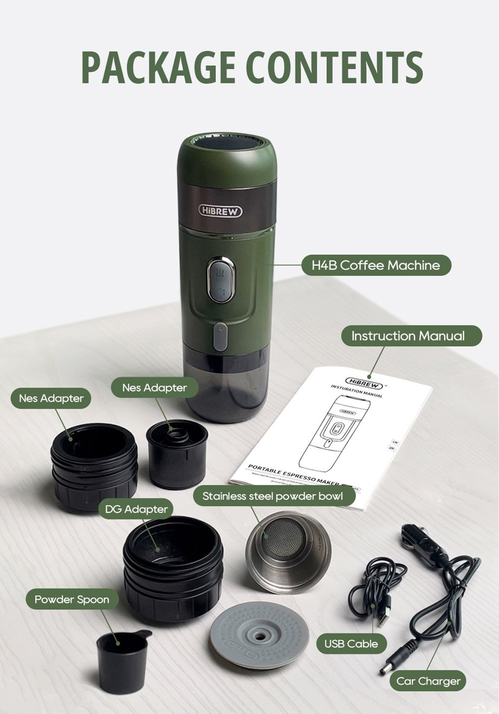 HiBREW H4B Cafetera Espresso Portátil Inalámbrica 3 en 1, Presión de 15 Bares, Batería Recargable de 2200mAh, con Adaptador, Bolsa de Almacenamiento y Soporte.