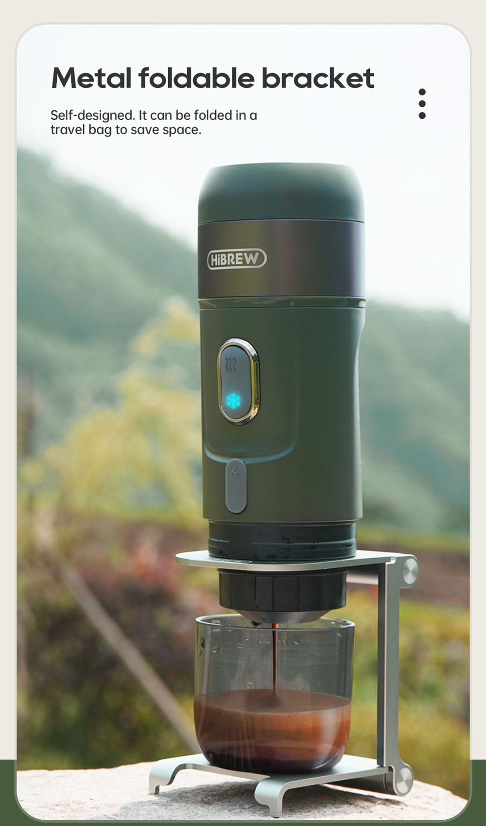 HiBREW H4B Cafetera Espresso Portátil Inalámbrica 3 en 1, Presión de 15 Bares, Batería Recargable de 2200mAh, con Adaptador, Bolsa de Almacenamiento y Soporte.