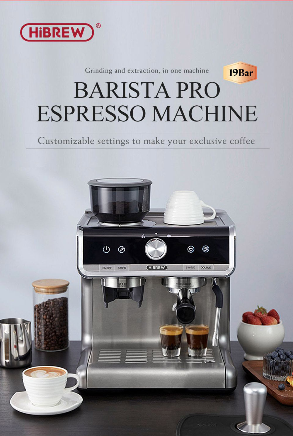 Cafetera HiBREW H7 de 1550 W, cafetera con capacidad de agua de 2,8 L y 19 bares de presión, con taza para latte, prensador de café en polvo y báscula electrónica.